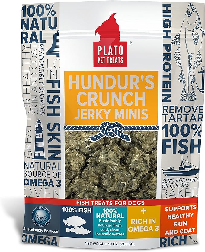 Plato Hundur's Crunch Jerky Minis are a high-quality, grain-free treat specifically designed for your dog's enjoyment and wellbeing.